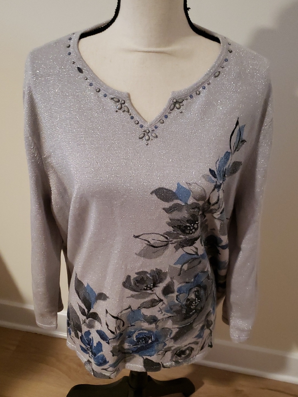 Alfred Dunner Shimmery Light Silver Knit Top with Jewel Accents